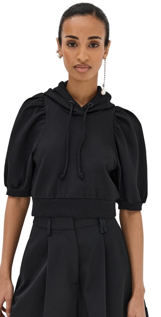 Simone Rocha Cropped Puff Sleeve Hoodie W/ Gathered Bow Black