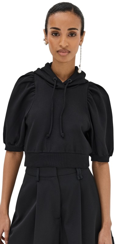 Simone Rocha Cropped Puff Sleeve Hoodie W/ Gathered Bow Black
