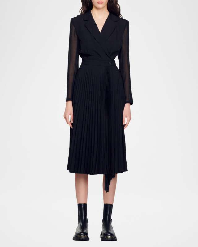 House Crossover Sheer-Sleeve Pleated Asymmetric Midi Dress