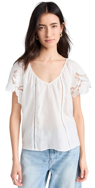 Ramy Brook Hillary Top White Embroidered Boho Linen