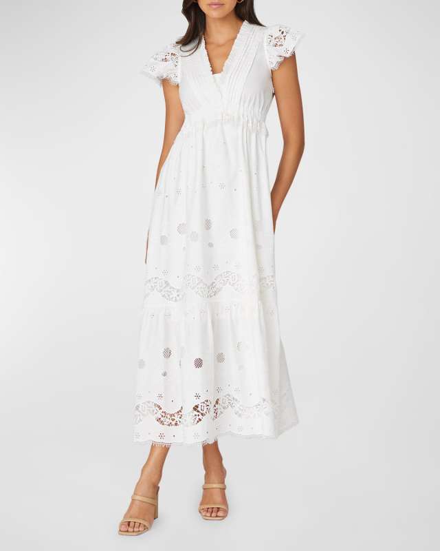 Varah Broderie Anglaise Flutter-Sleeve Midi Dress