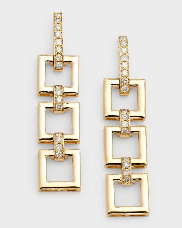 14K Yellow Gold 3-Square Diamond Chain Earrings