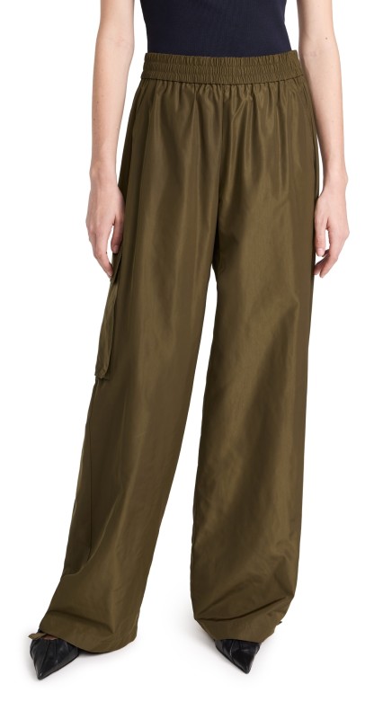 Tibi Italian Sporty Nylon Wideeg Pull On Pants Wood