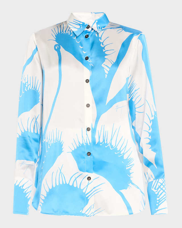 Venus-Print Silk Button-Down Shirt