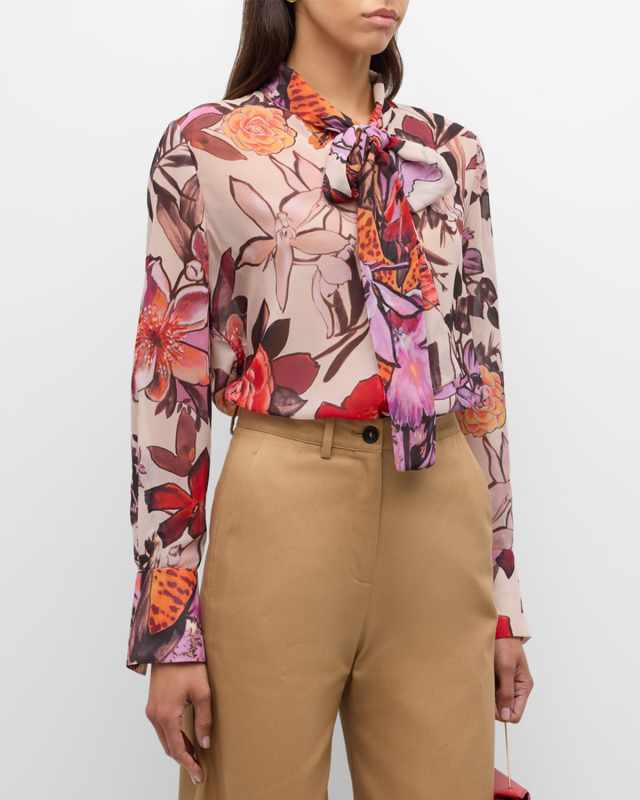 Luna Floral-Print Tie-Neck Blous