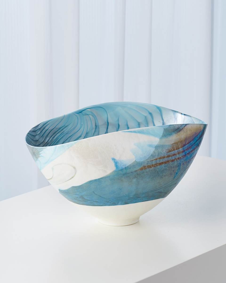 Ivory Turquoise Feather Swirl Oval Bowl - Small