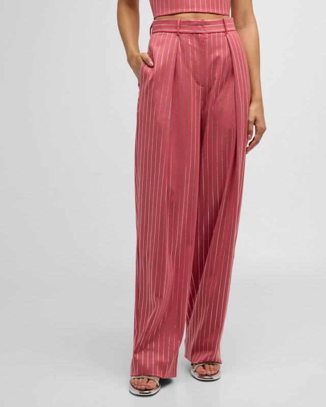 Mid-Rise Pleated Crystal Pinstripe Straight-Leg Trousers