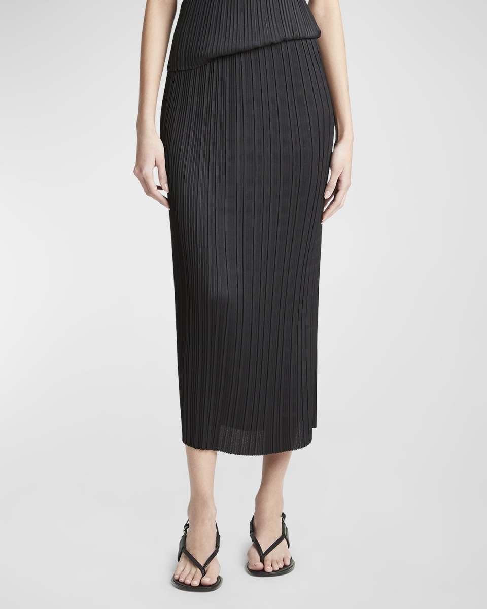 Pleated Straight Pull-On Midi Skirt