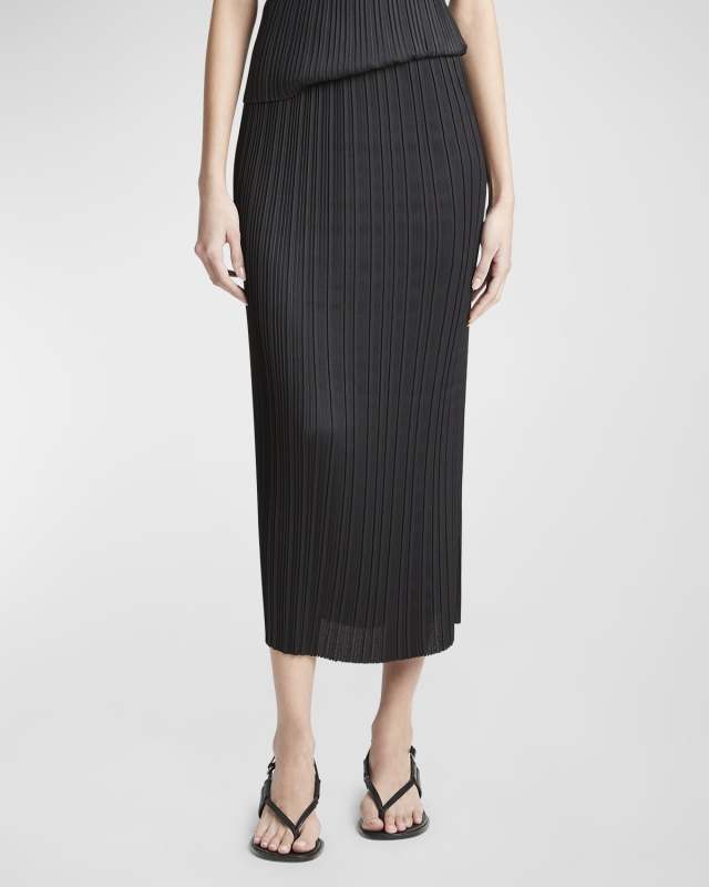 Pleated Straight Pull-On Midi Skirt