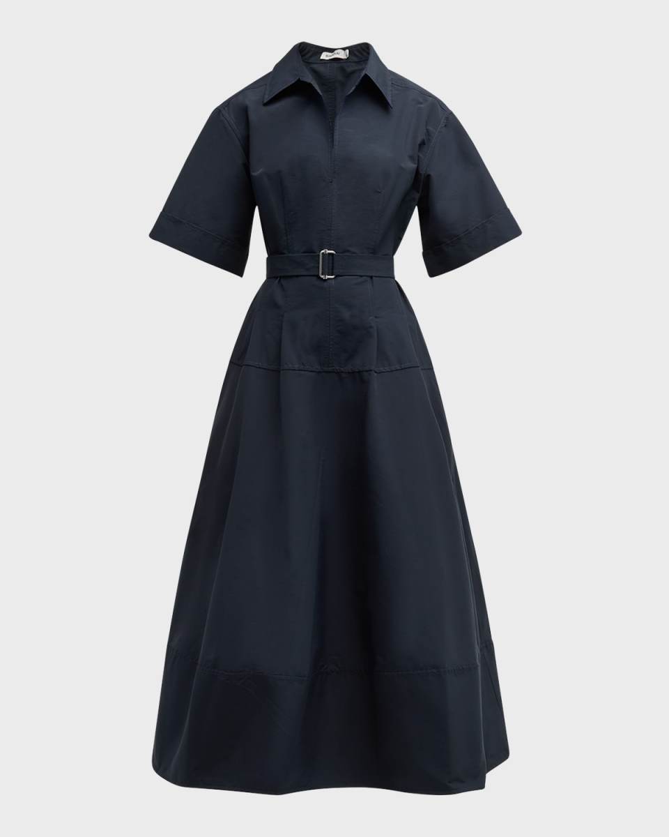 Deanna Belted Poplin Short-Sleeve Midi Shirtdress