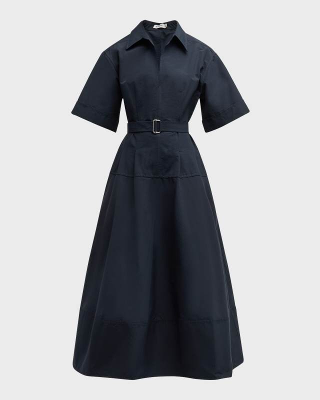 Deanna Belted Poplin Short-Sleeve Midi Shirtdress