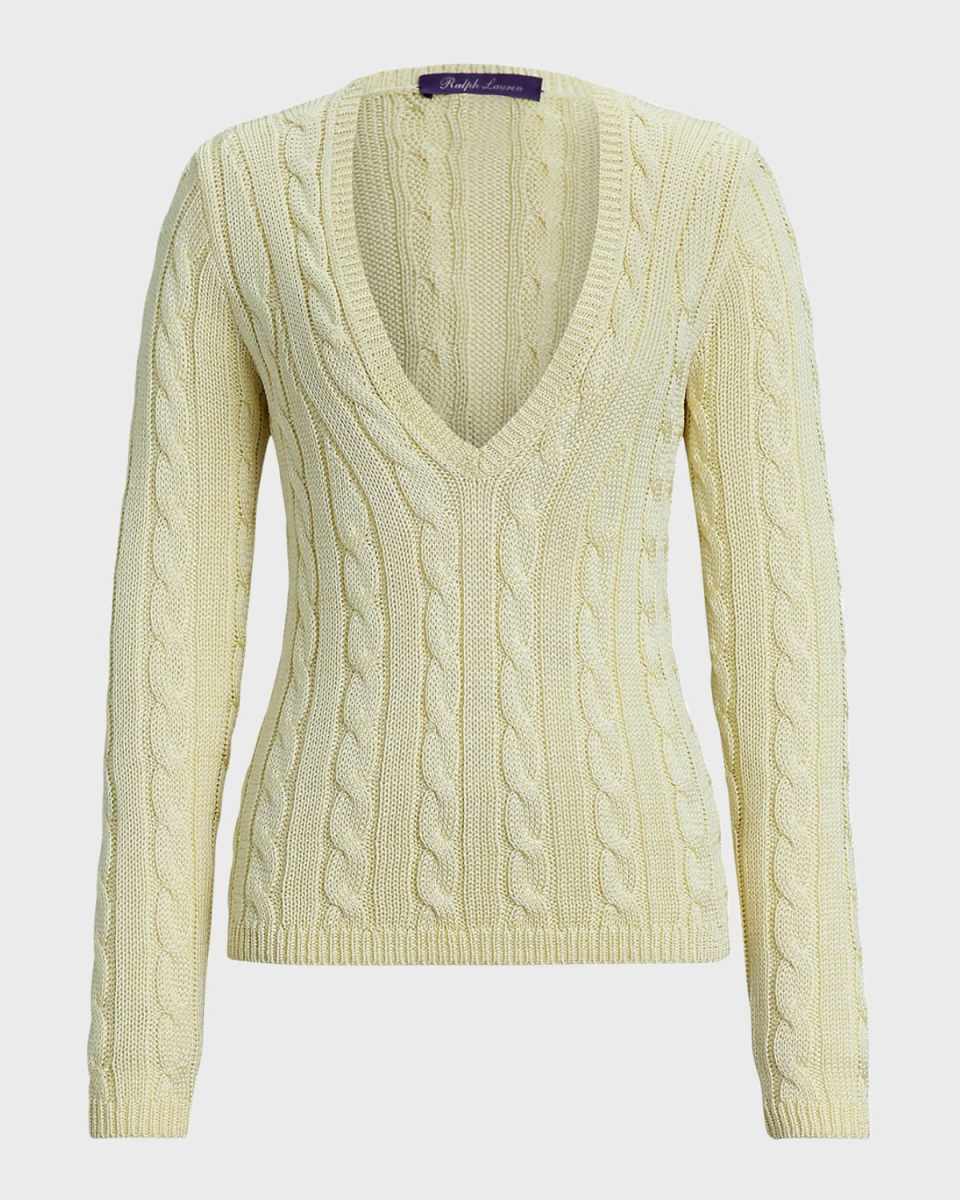 V-Neck Silk Cable Knit Sweater
