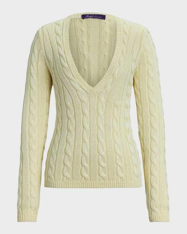 V-Neck Silk Cable Knit Sweater