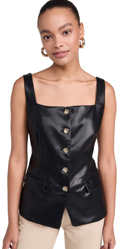 Pixie Market Agatha Leather Gold Button Vest Black