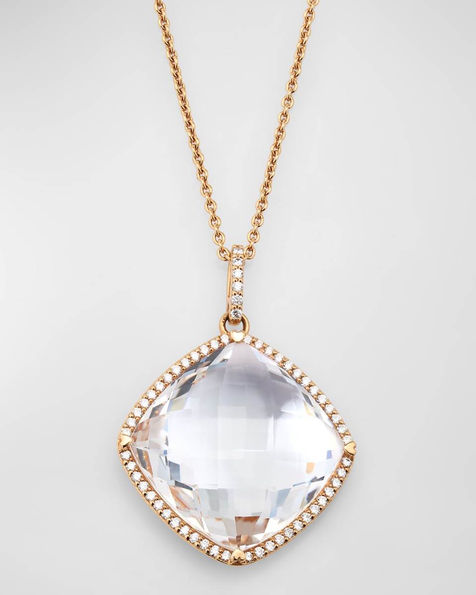 Rocks 18K Rose Gold Cushion Cut Crystal Quartz Diamond Halo Pendant Necklace