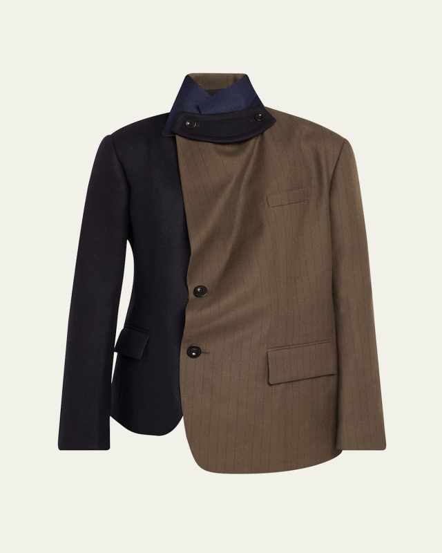 High-Neck Combo Chalk-Stripe Blazer Jacket
