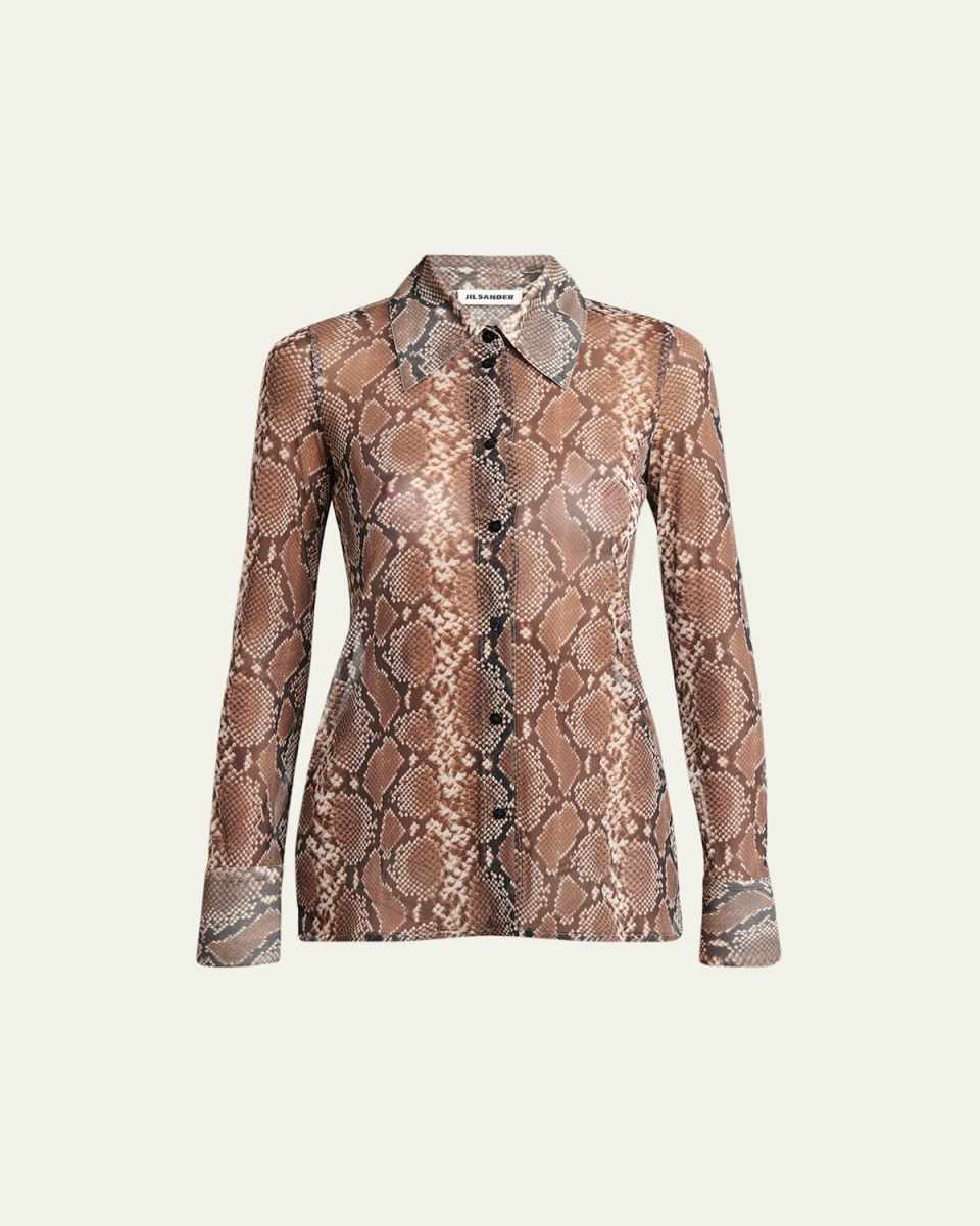 Snake-Print Silk Long-Sleeve Shirt