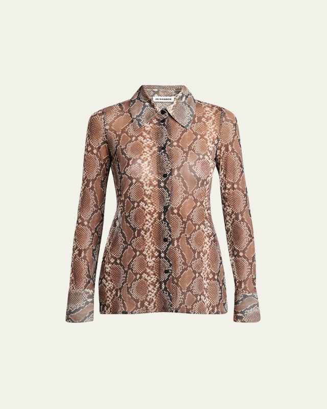 Snake-Print Silk Long-Sleeve Shirt