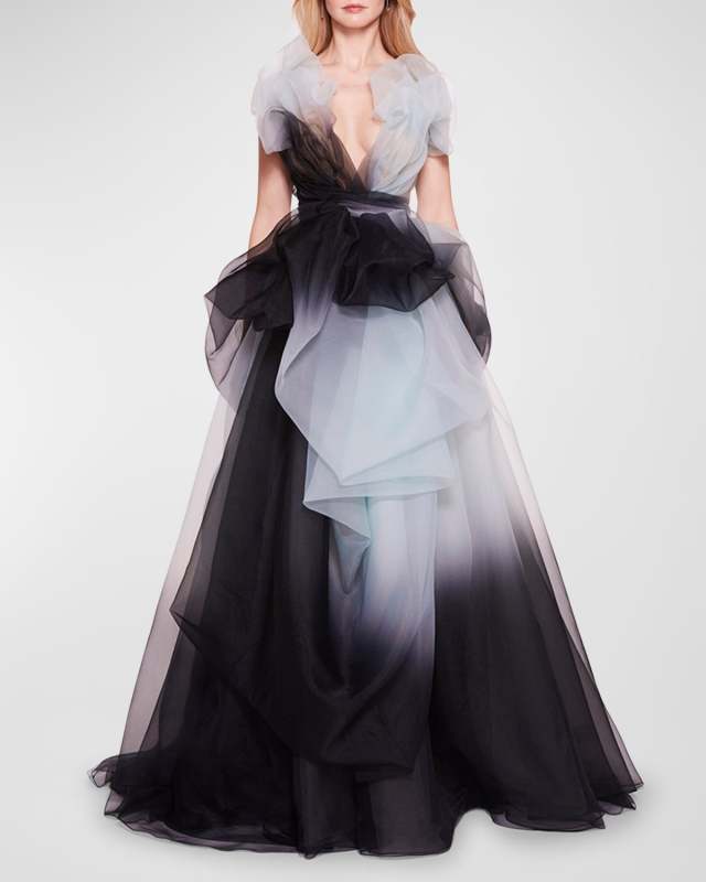 Plunging Draped Degrade Organza Open-Back Gown
