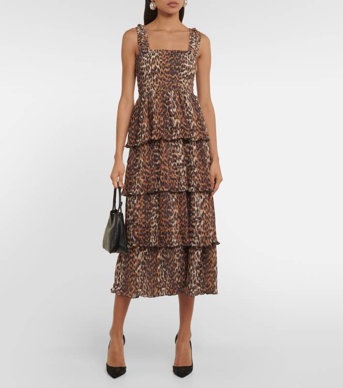 GANNI Leopard Pleated Georgette Flounce Smock Midi Dress