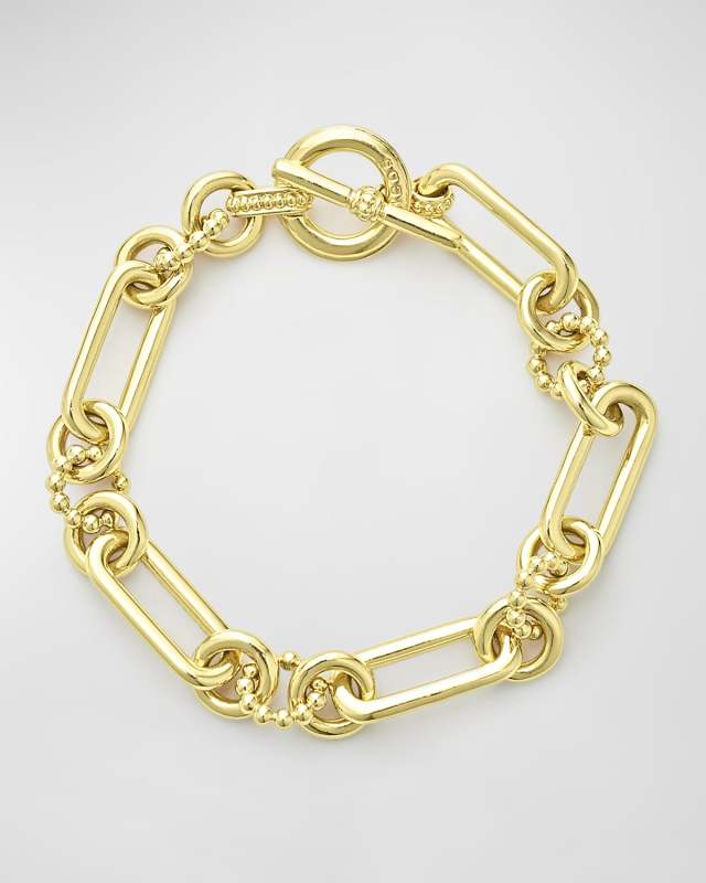 18K Gold Caviar Beaded and Fluted Bold Link Bracelet, 7"L