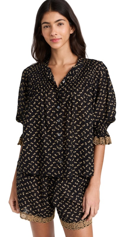 Sea Rosa Embroidery Pajamaet Black