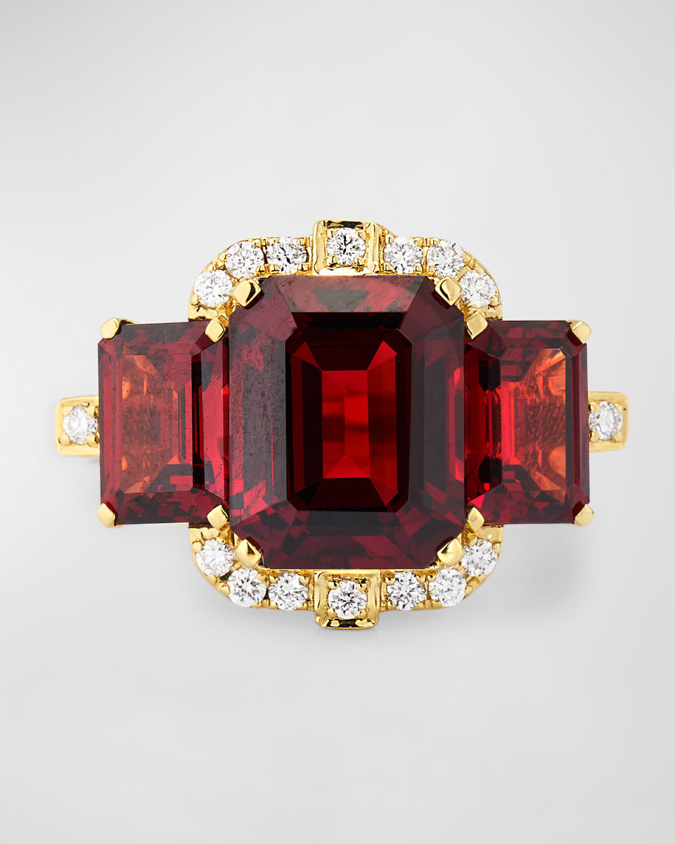 Gossip 18K Yellow Gold 3 Stone Emerald Cut Garnet Ring with Diamonds