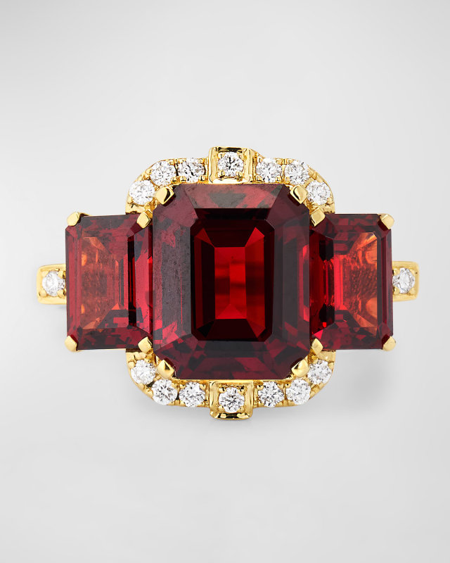 Gossip 18K Yellow Gold 3 Stone Emerald Cut Garnet Ring with Diamonds