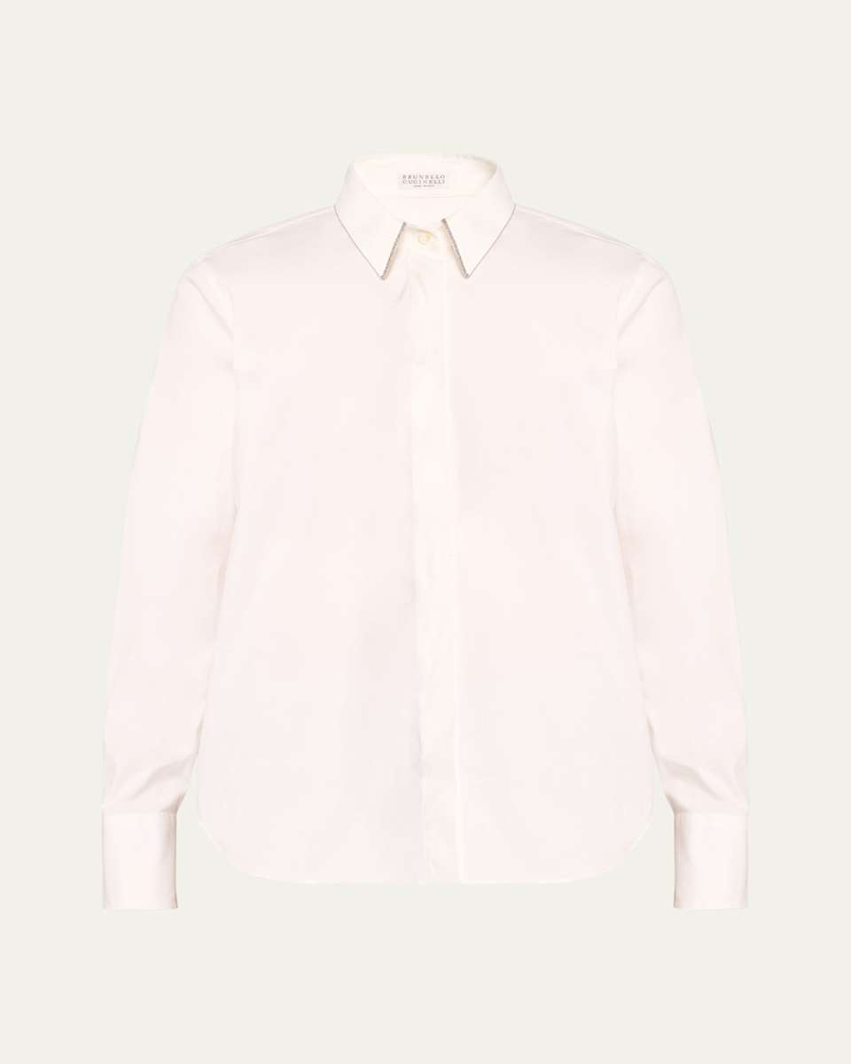 Cotton Poplin Button-Front Top with Monili Tr