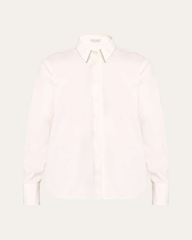 Cotton Poplin Button-Front Top with Monili Tr