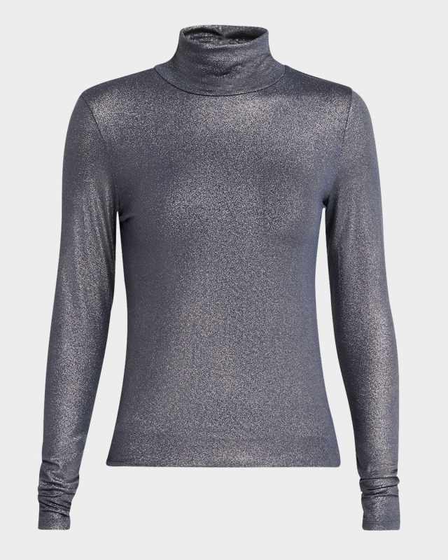 Metallic Long-Sleeve Turtleneck Top