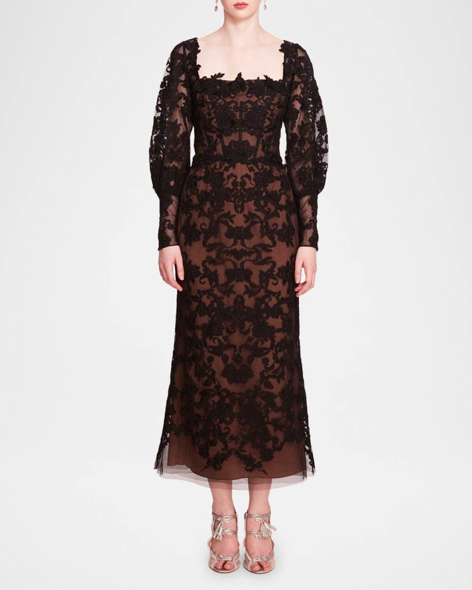 Blouson-Sleeve Lace and Applique Maxi Dress