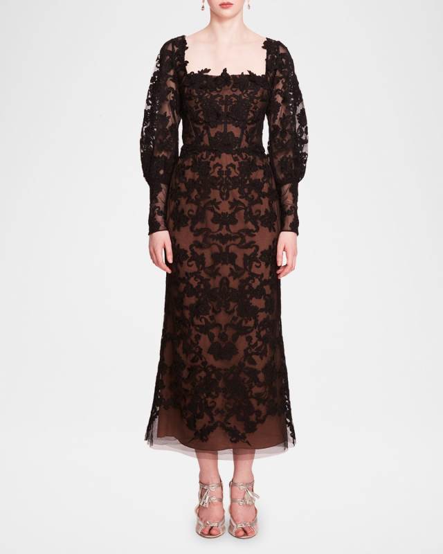 Blouson-Sleeve Lace and Applique Maxi Dress