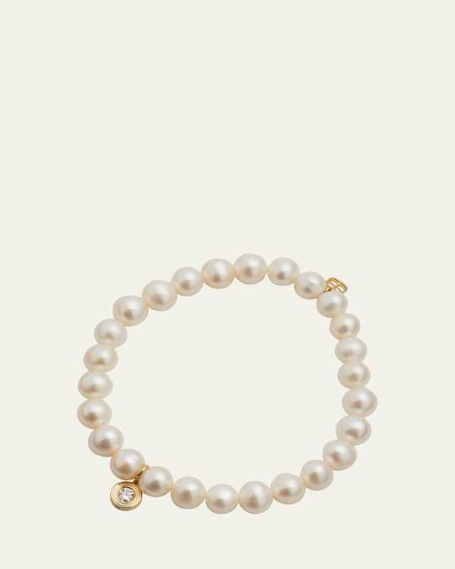 14k Gold Pearl Beaded Bracelet with Diamond Charm