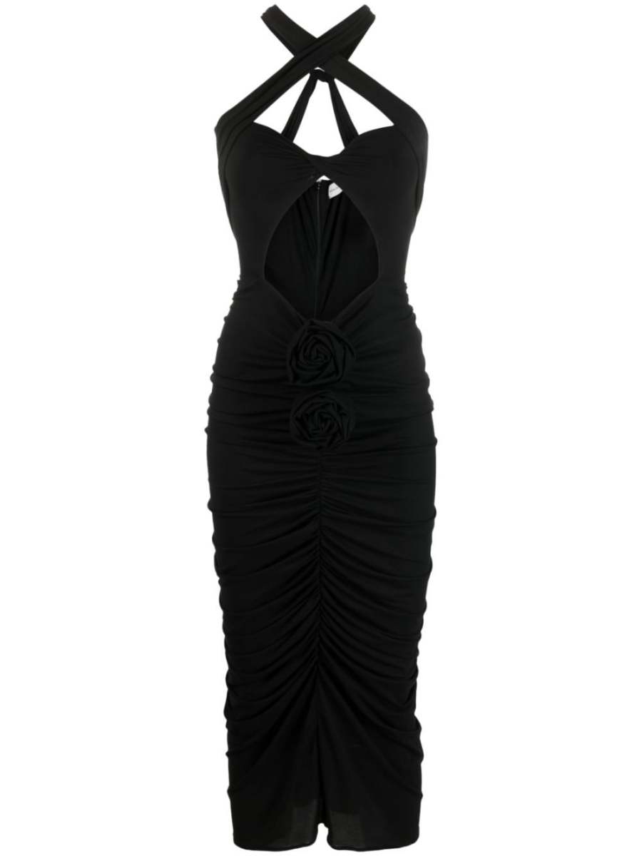 floral-appliqué cut-out midi dress