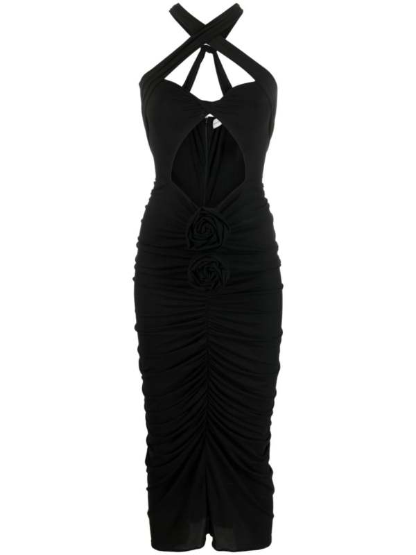 floral-appliqué cut-out midi dress