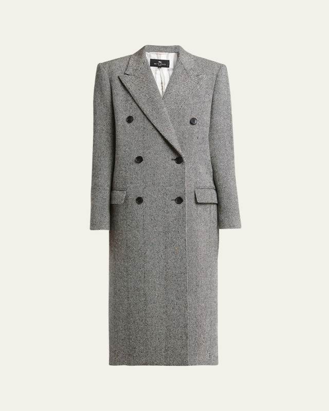 Long Chevron Double-Breasted Wool Coat