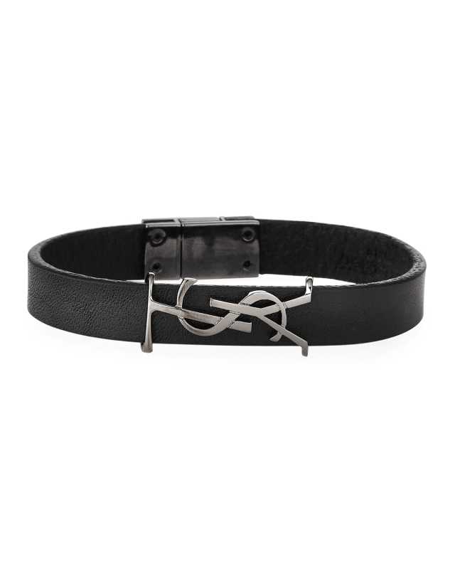 Leather YSL Monogram Bracelet, Black, Size Small