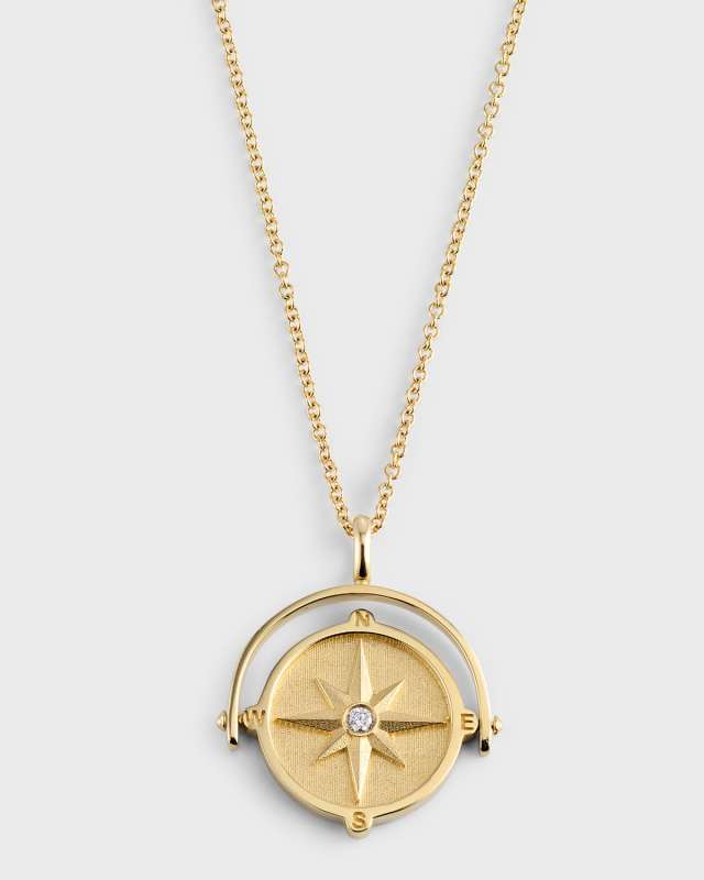 14k Gold Diamond Compass Medallion Spinner Necklace