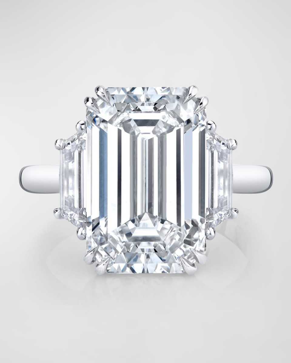 Platinum 3 Stone Ring with White Diamond Emerald Cut Center and White Diamond Trapezoid Sides, Size 6.5, 17.82tcw