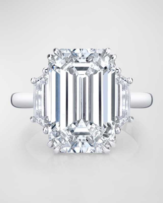 Platinum 3 Stone Ring with White Diamond Emerald Cut Center and White Diamond Trapezoid Sides, Size 6.5, 17.82tcw