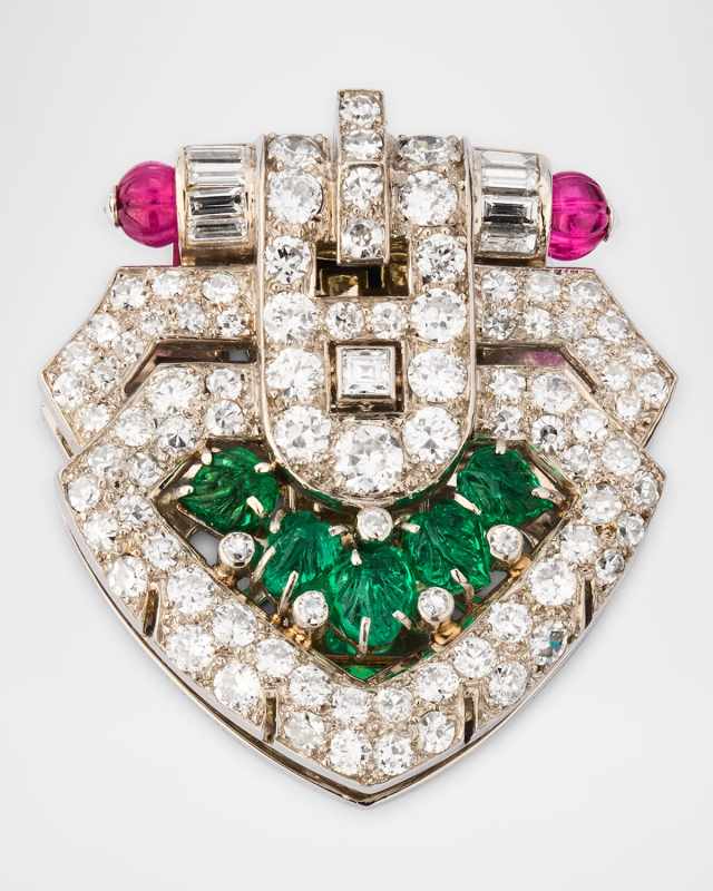 Estate Art Deco Lacloche French Platinum Diamond Ruby Emerald Tutti Frutti Clip Pin