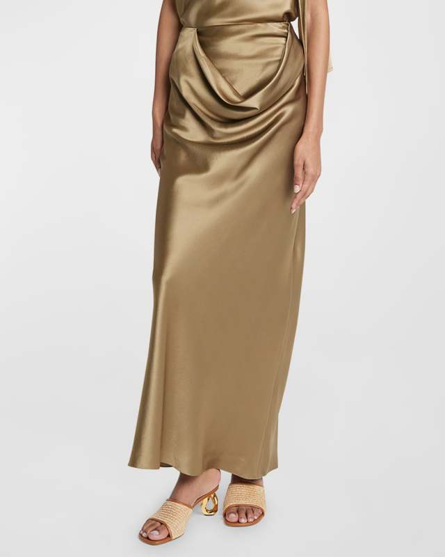 Draped Waist Silk Maxi Column Skirt