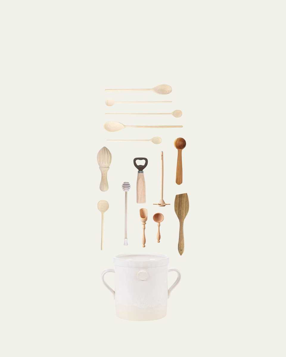 White Hand-Thrown Crock and Utensil Bundle, 5.5"