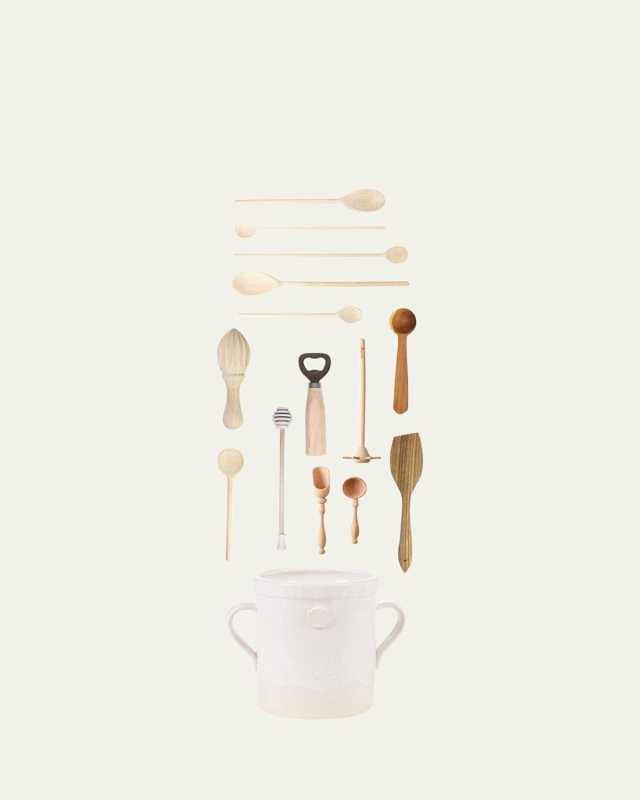 White Hand-Thrown Crock and Utensil Bundle, 5.5"