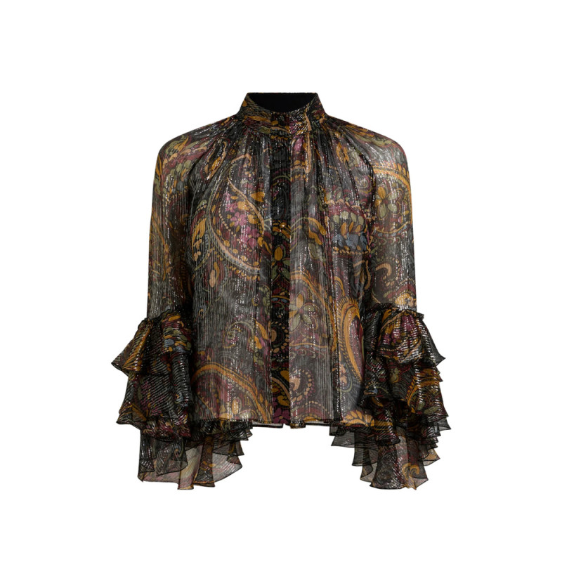 Etro Silk Shirt With Ruffle And Striped Floral Paisley Motif