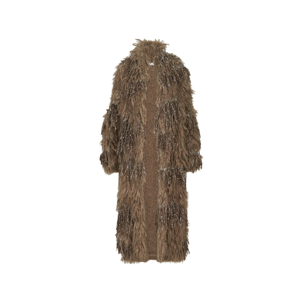 Brunello Cucinelli Dazzling Moss Embroidery Long Cardigan In Mohair And Wool