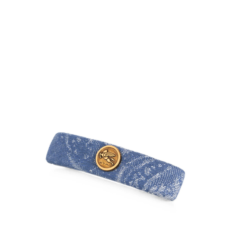Etro Cotton And Linen Jacquard Denim Hair Clip With Leafy Motif