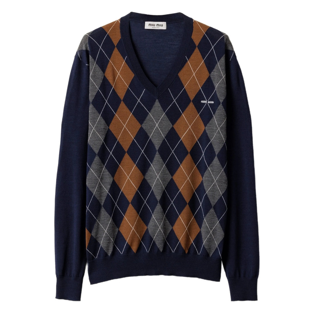 Miu Miu Argyle V-neck Wool Sweater