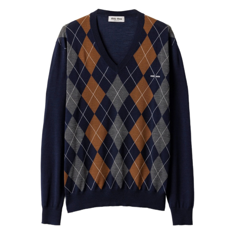 Miu Miu Argyle V-neck Wool Sweater